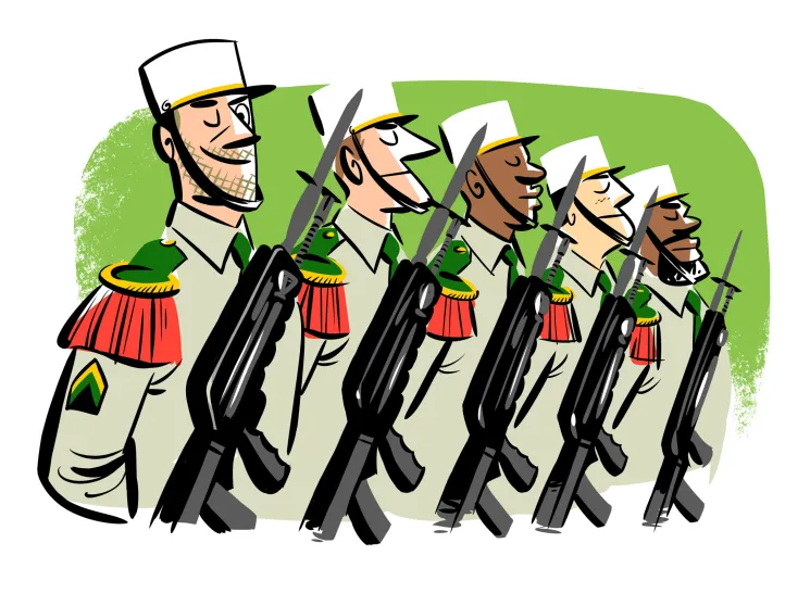 Cartoon illustration of French Foreign Legion soldiers in uniform marching in formation with rifles.