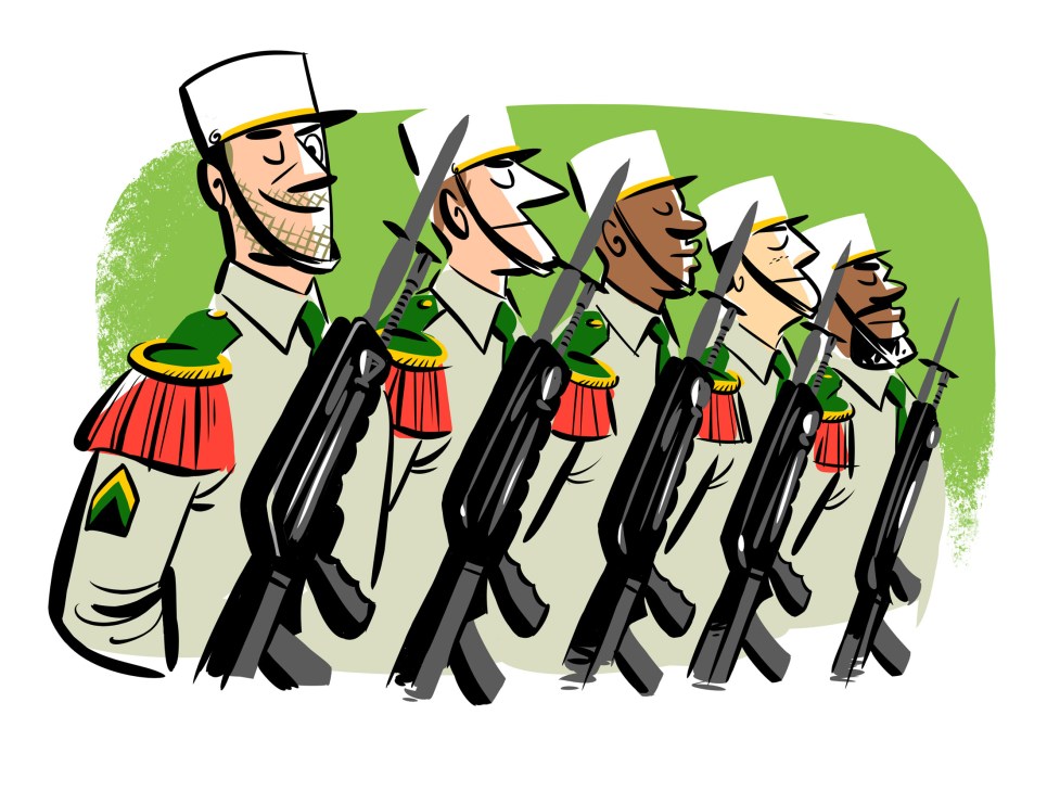 Cartoon illustration of French Foreign Legion soldiers in uniform marching in formation with rifles.