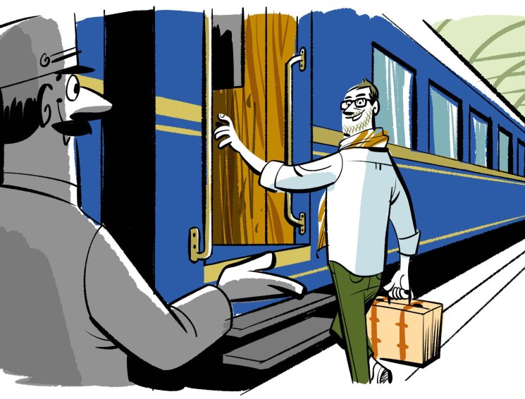 Illustration of a porter and traveler at a blue and gold train with luggage and windows.
