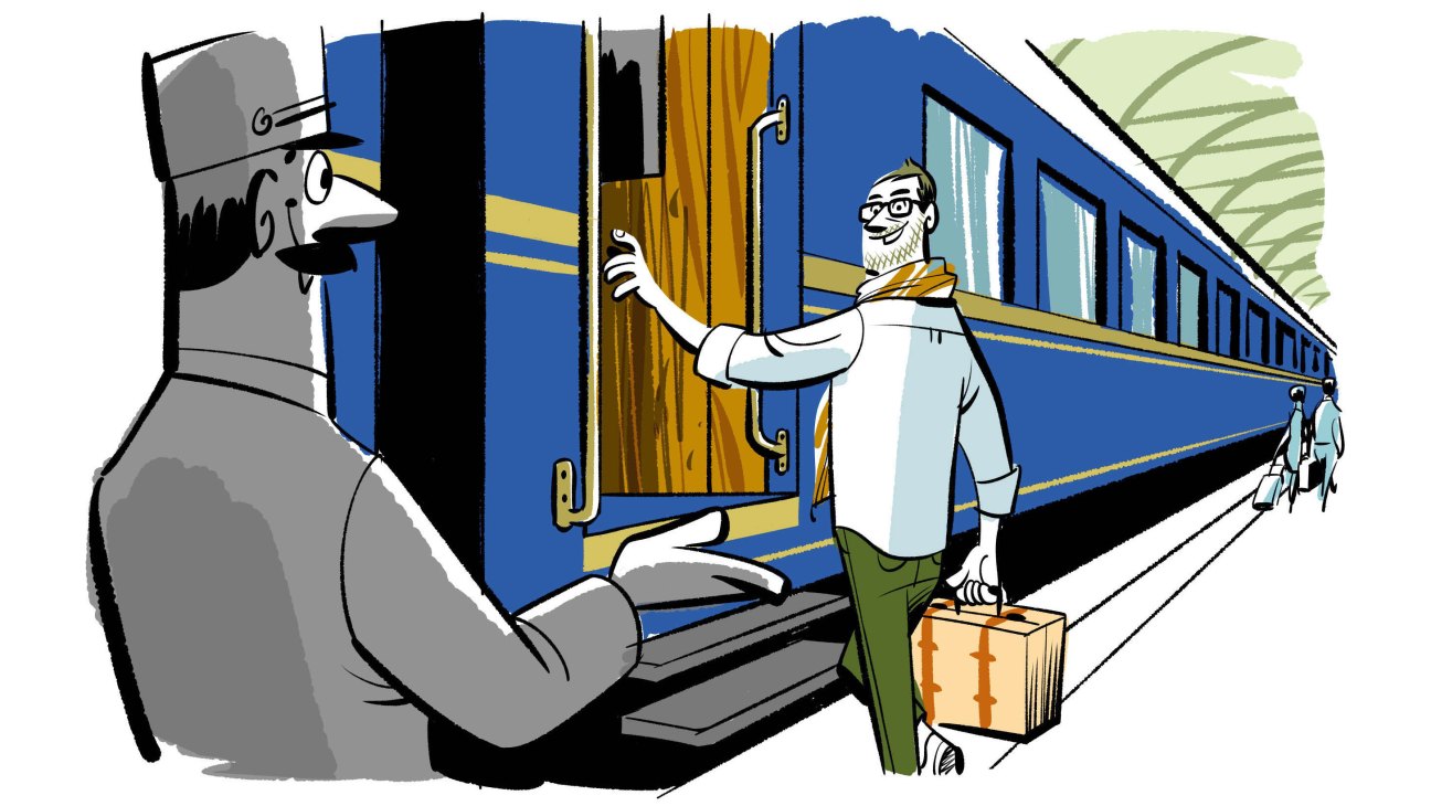 Illustration of a porter and traveler at a blue and gold train with luggage and windows.