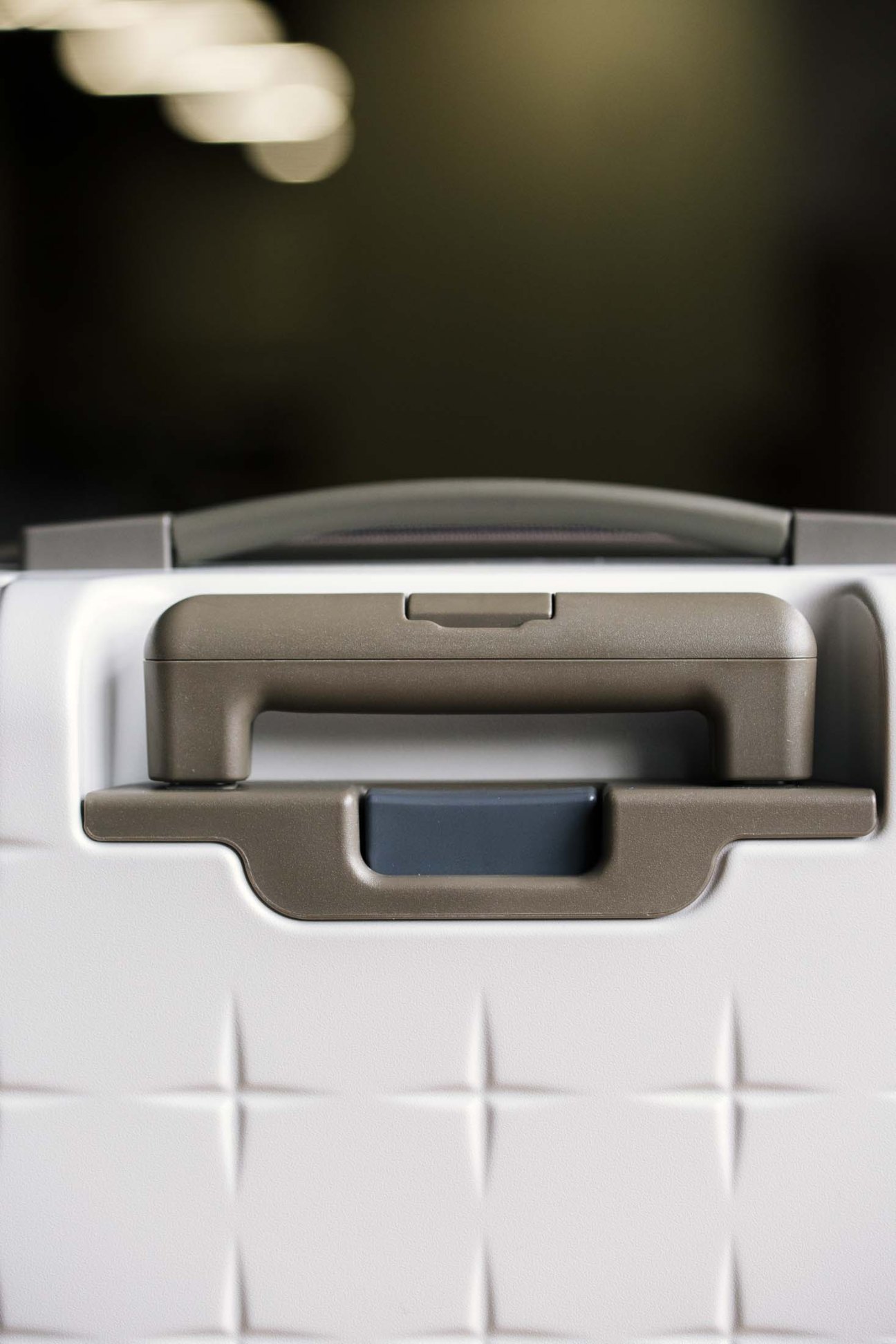 Close-up of Ace Proteca suitcase handle and latch mechanism with taupe-colored plastic and metal details