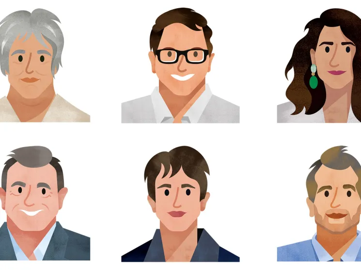 Six illustrated portrait headshots of diverse professionals representing different perspectives on workplace change.