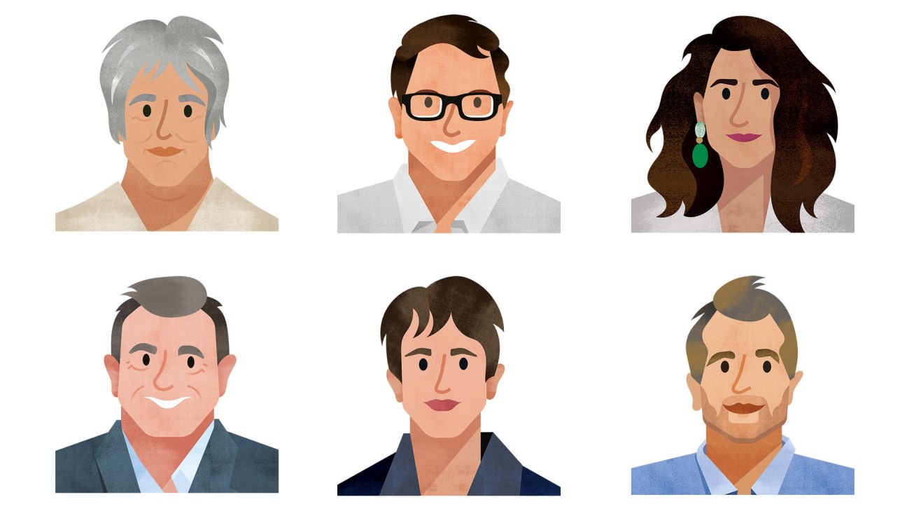Six illustrated portrait headshots of diverse professionals representing different perspectives on workplace change.