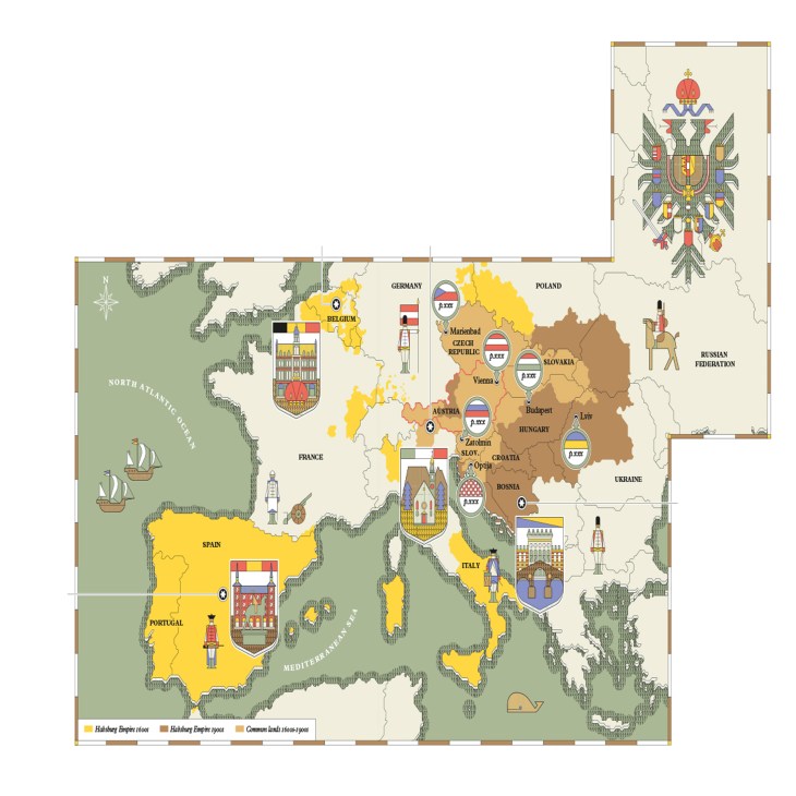 A historical map of Europe highlighting regions of the Habsburg Empire and common land in the 1600s, featuring various symbols and illustrations representing different countries and cities.