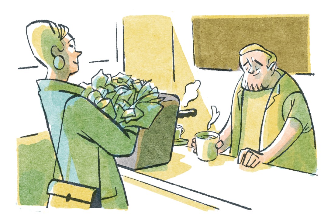 Woman in green jacket holding salad bowl sits while man in apron serves her a hot drink