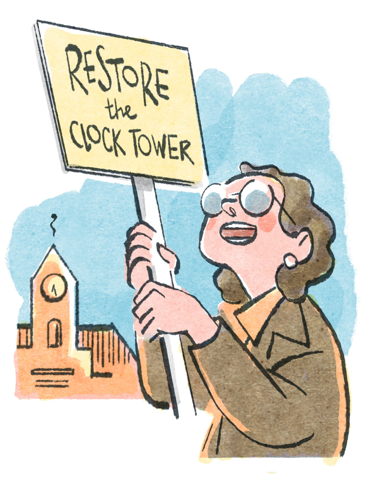 Woman holding protest sign reading 'Restore the Clock Tower' with clock tower building in background
