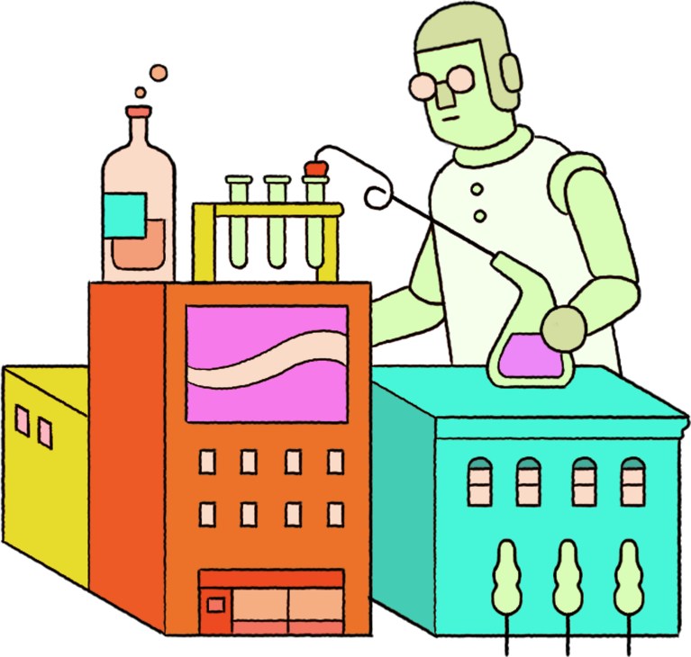 Illustrated green robot scientist conducting experiments with test tubes and beakers on colorful apartment buildings