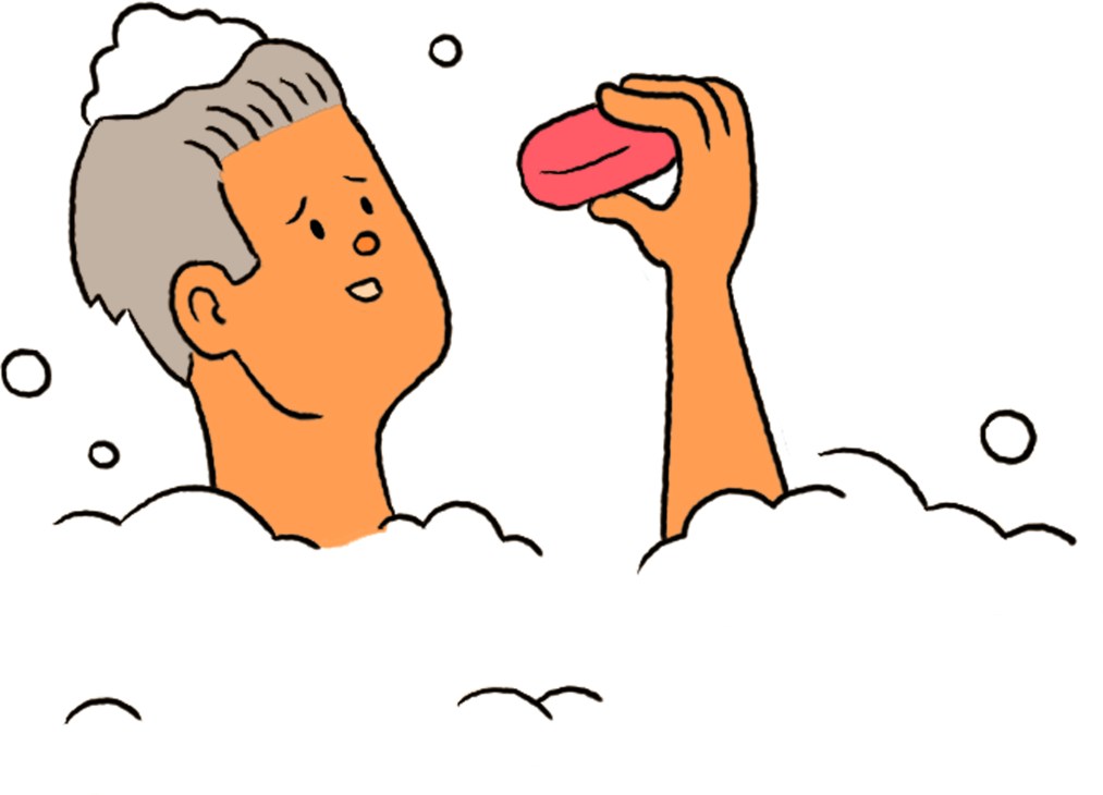 Illustration of person washing hands with soap, raising hand with pink soap bar