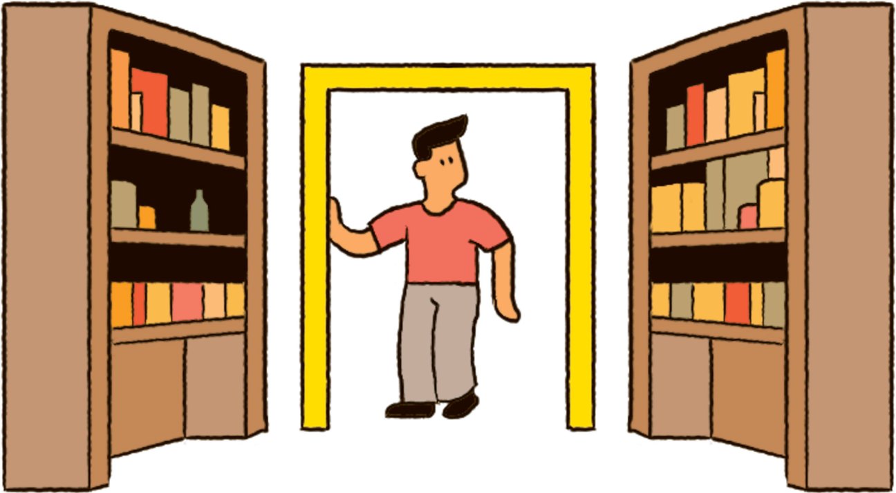 Illustration of a person standing between two tall bookshelves filled with colorful books