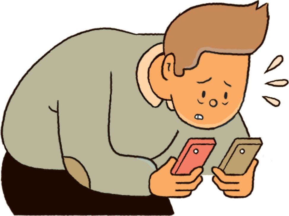 Person looking stressed while holding two smartphones with sweat drops around their head