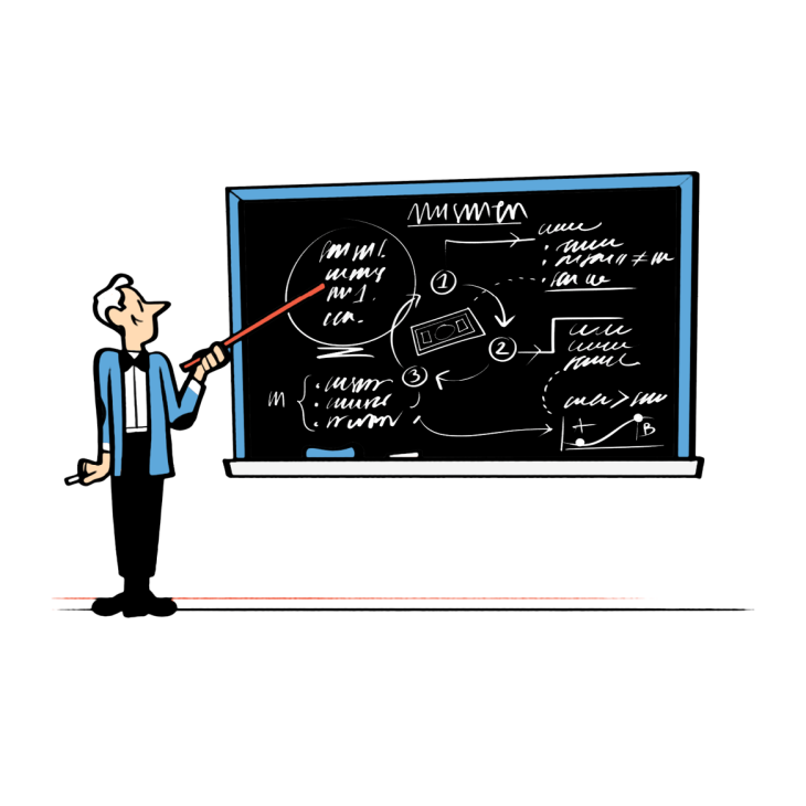 Illustration of a man in a blue jacket pointing at a blackboard with mathematical equations and diagrams.