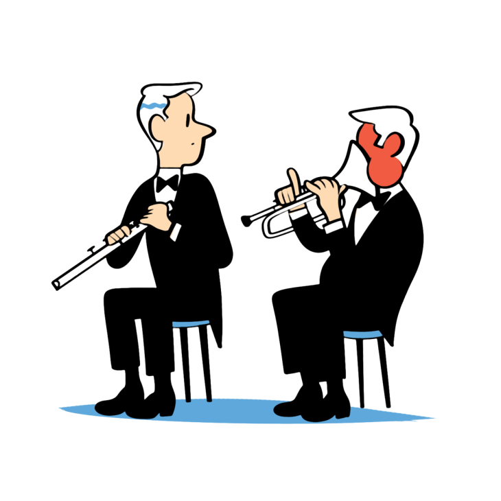 Two formally dressed men sitting on stools playing flute and trumpet.