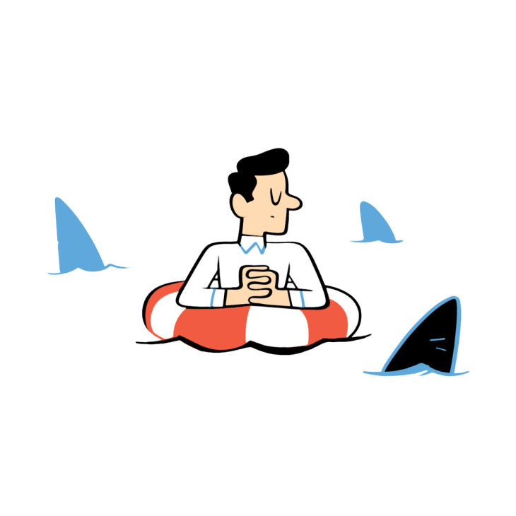 Illustration of a man in a life raft holding a drink, surrounded by shark fins in the water.