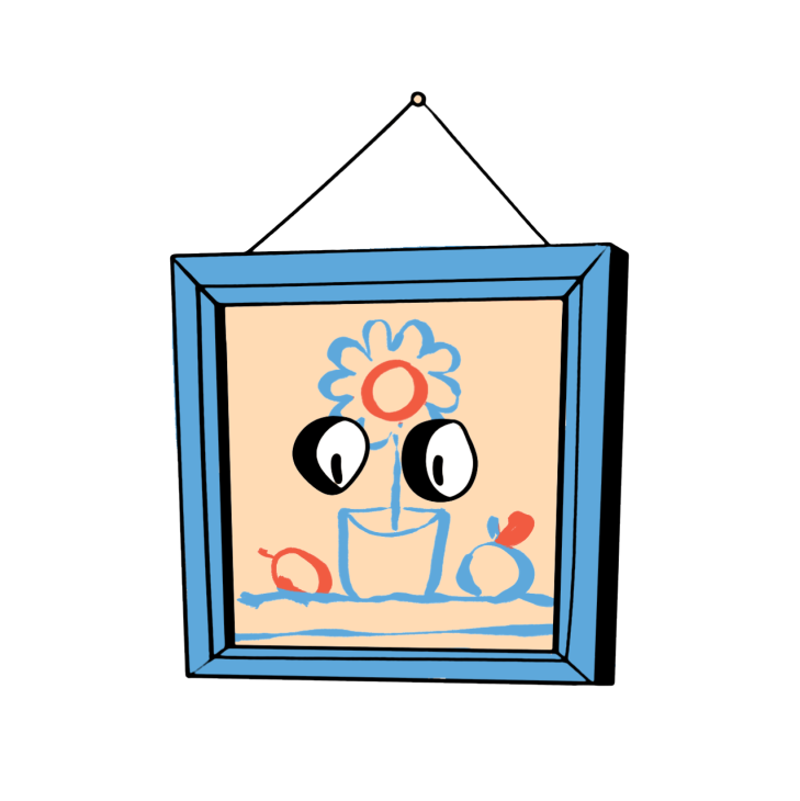 Illustration of a framed picture with a smiling potted flower character against a beige background.