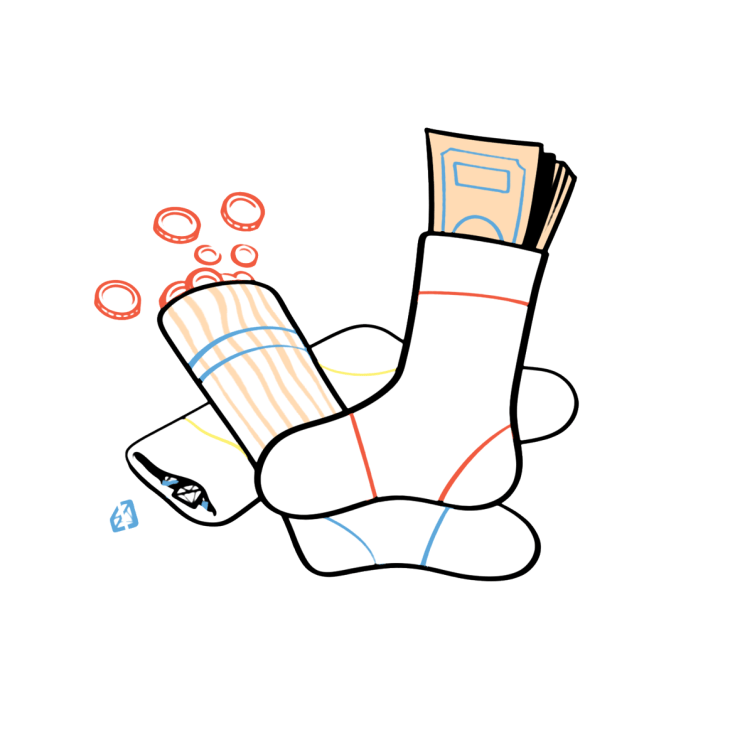 Illustration of a figure relaxing on a couch holding papers and coins, representing financial security and savings.