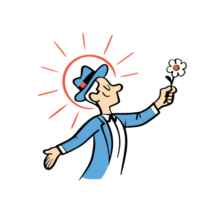 Illustration of a cheerful man in blue suit and hat holding a flower with a glowing halo.