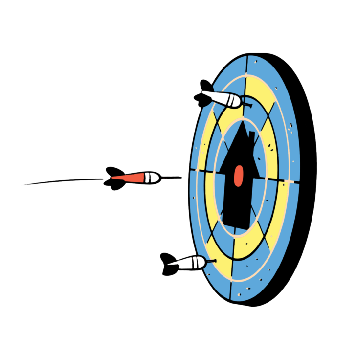 Illustration of three darts approaching a target with concentric blue and yellow rings.