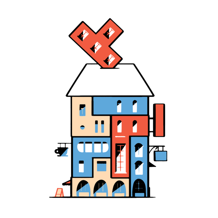 Illustrated colorful building with multiple windows and a red cross on the roof.