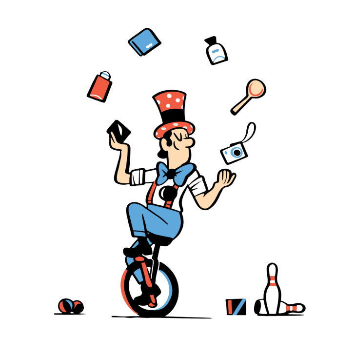 Illustration of a man juggling on a unicycle while juggling various items including a suitcase, sanitizer bottle, and other objects.