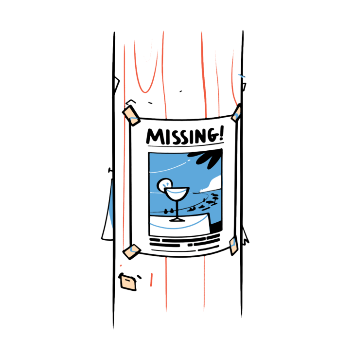Illustration of a missing person poster with a cocktail glass drawing pinned to a wall