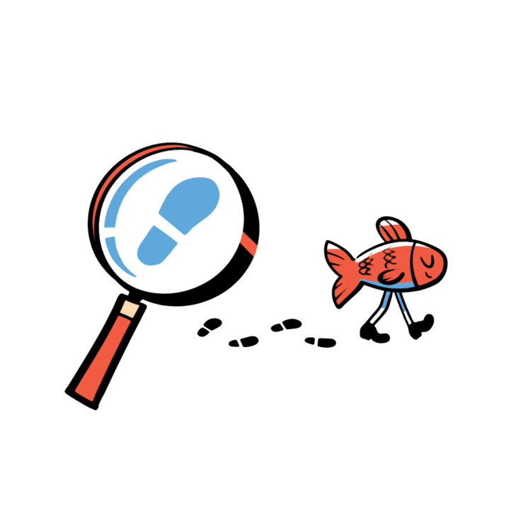 Illustration of a magnifying glass with footprints and a stylized red fish.