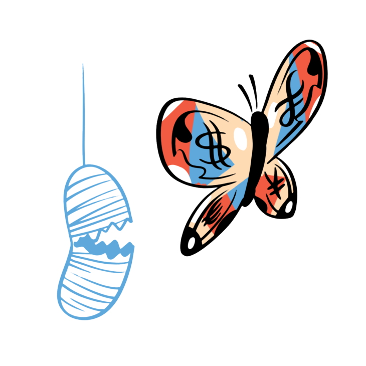 Illustration of a stylized figure with red and blue coloring appearing to jump or leap away from a blue footprint.