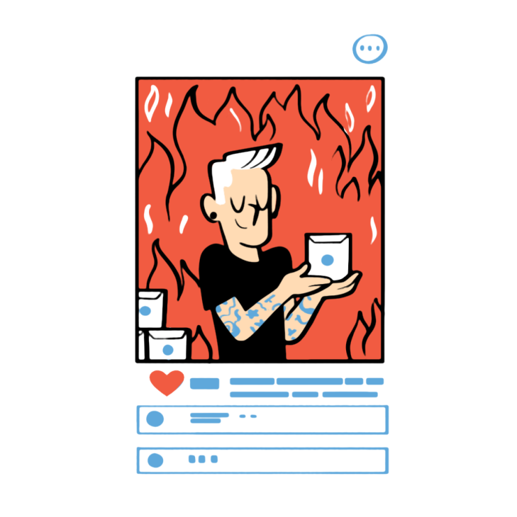 Illustration of a person holding sanitiser bottles surrounded by flames with social media engagement icons below.