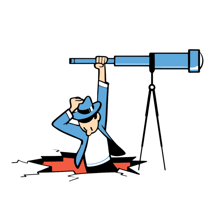 Illustration of a figure in blue suit hanging from a telescope, looking through it while balancing on a cracking red surface.