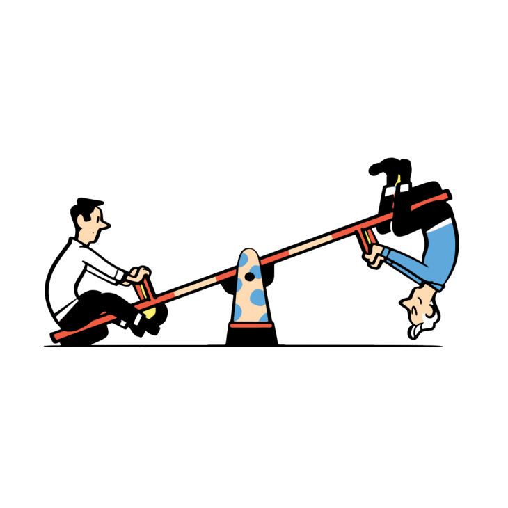 Illustration of two people on opposite ends of a seesaw with a traffic cone in the middle, representing imbalance.