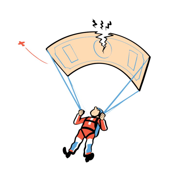 Illustration of a person in a parachute descending toward the ground with a damaged canopy.