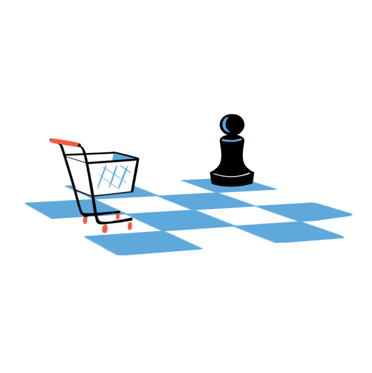 Illustration of a shopping cart and chess pawn on a checkered board, symbolizing retail strategy.