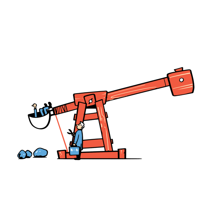 Illustrated person on a seesaw crane lifting and dropping blue spheres symbolizing business winners and losers.