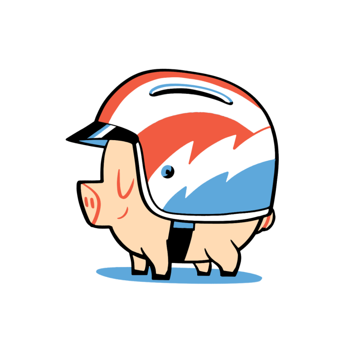 Illustration of a character wearing a racing helmet with red, white and blue stripes.
