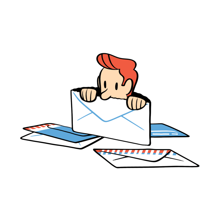Illustration of a person with red hair holding an envelope surrounded by scattered letters and documents.