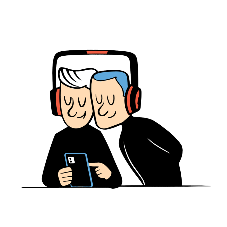 Illustration of two people wearing headphones sitting together, one holding a tablet device.