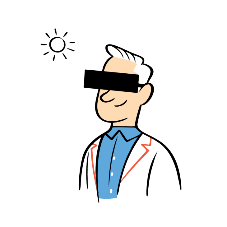 Illustration of a blindfolded man in business attire with a sun and lightning bolt symbols.
