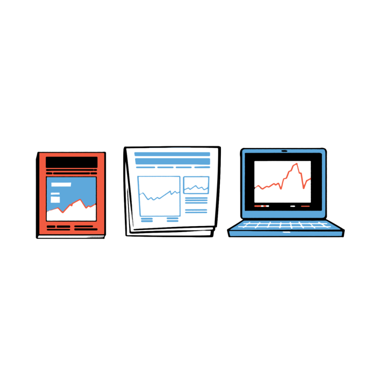 Illustration of a red tablet, black and white document, and blue laptop displaying financial charts and graphs.