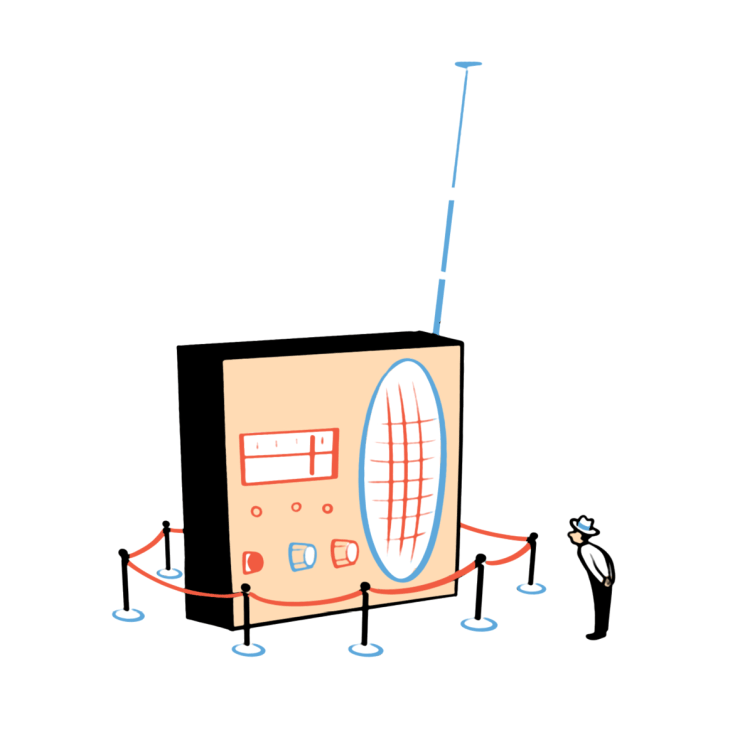 Illustration of a vintage radio set surrounded by a rope barrier with a person standing nearby.