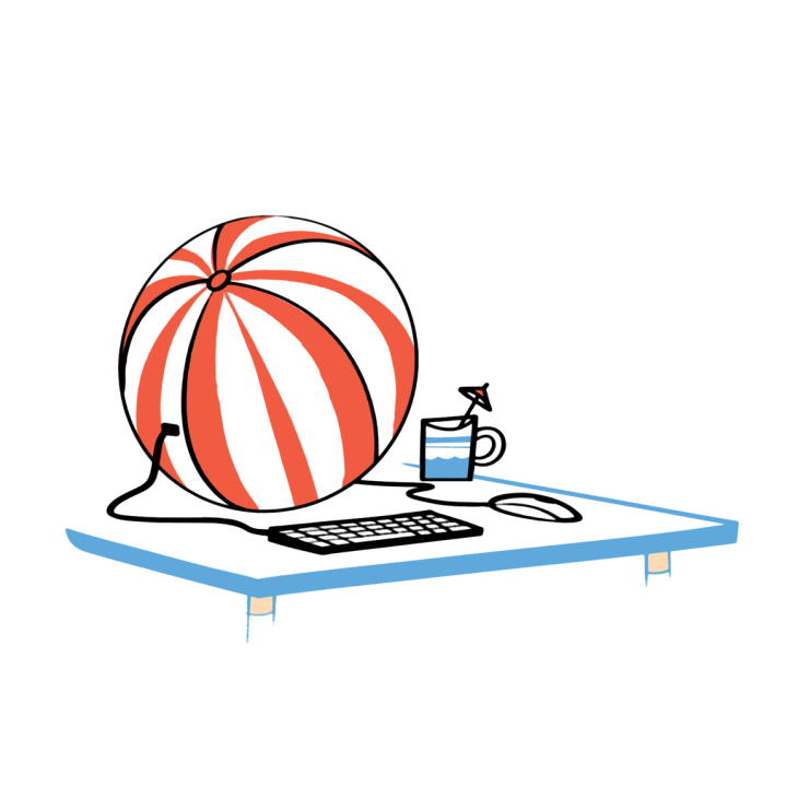 Illustration of a red and white striped basketball on a desk with a keyboard, coffee mug, and mouse.