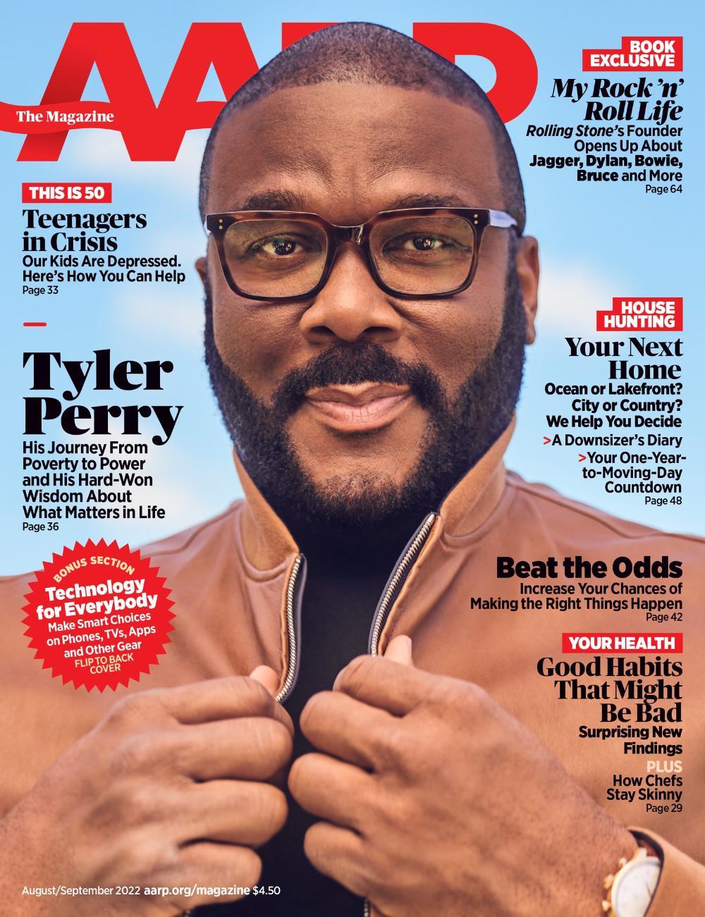 AARP The Magazine August/September 2022 cover featuring Tyler Perry in brown jacket giving thumbs up