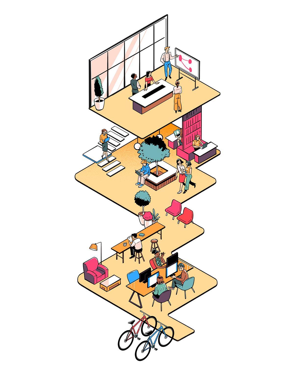 Isometric illustration of a multi-level co-working space with people working at desks, meeting areas, plants, and bicycles.