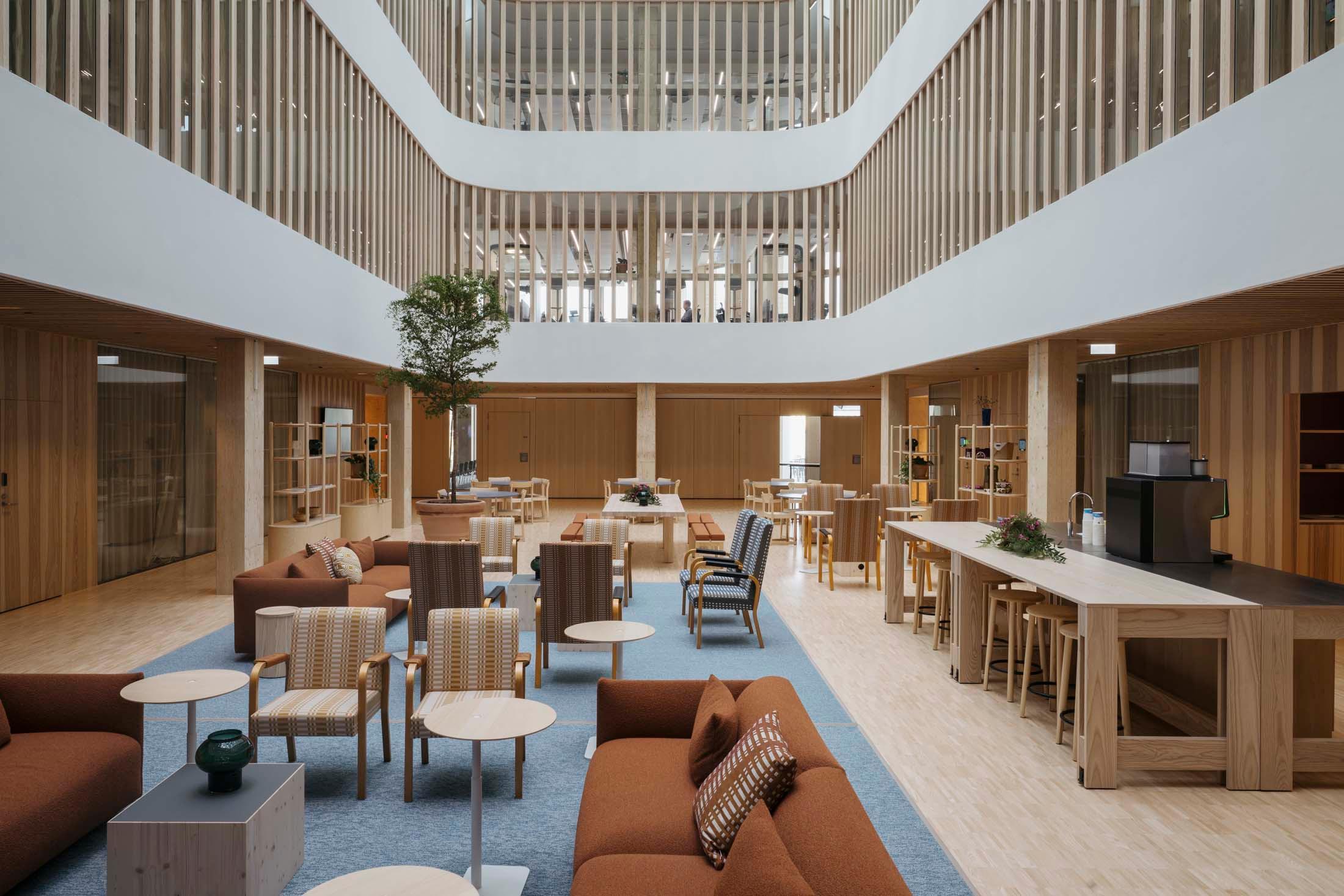 Inside the wood-heavy lobby at the Stora Enso office in Finland