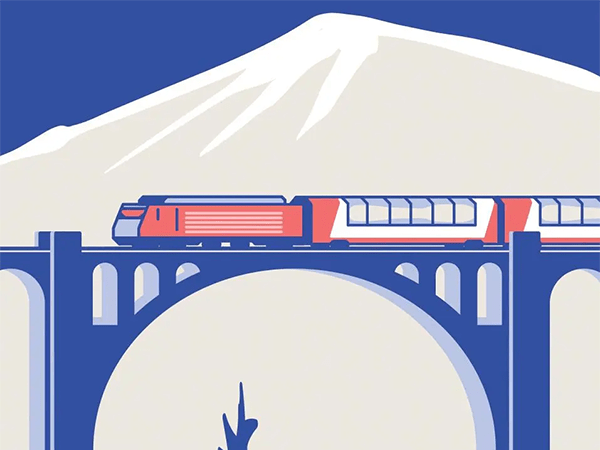An illustration of a train crossing a bridge.
