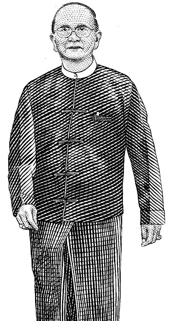 Illustration of Thein Sein wearing glasses, a striped taik-pon jacket and longyi sarong