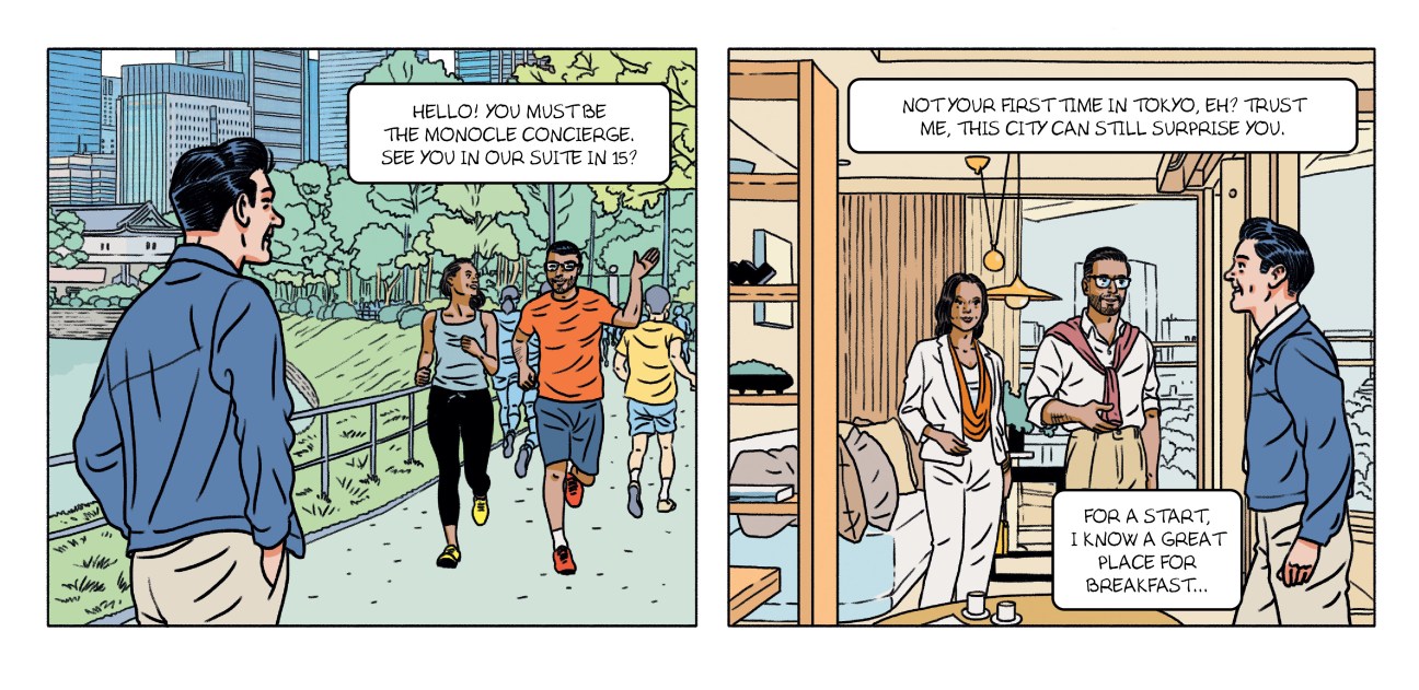 A comic book illustration of people running and another of people looking around the Palace Hotel Tokyo.