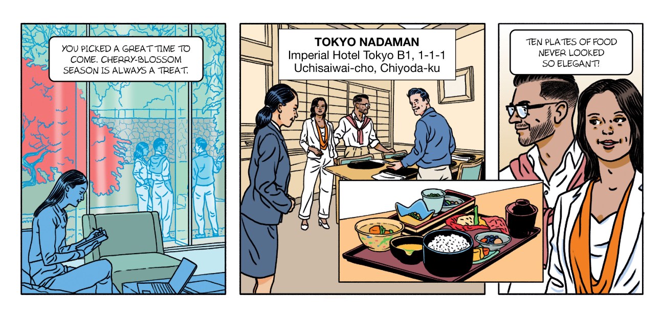 A comic book illustration of people dining at the Tokyo Nadaman restaurant.