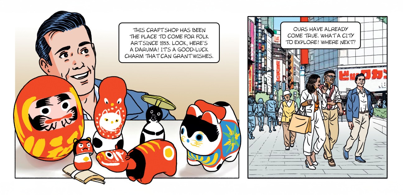 A comic book illustration of people looking at a Daruma and walking around Ginza. 