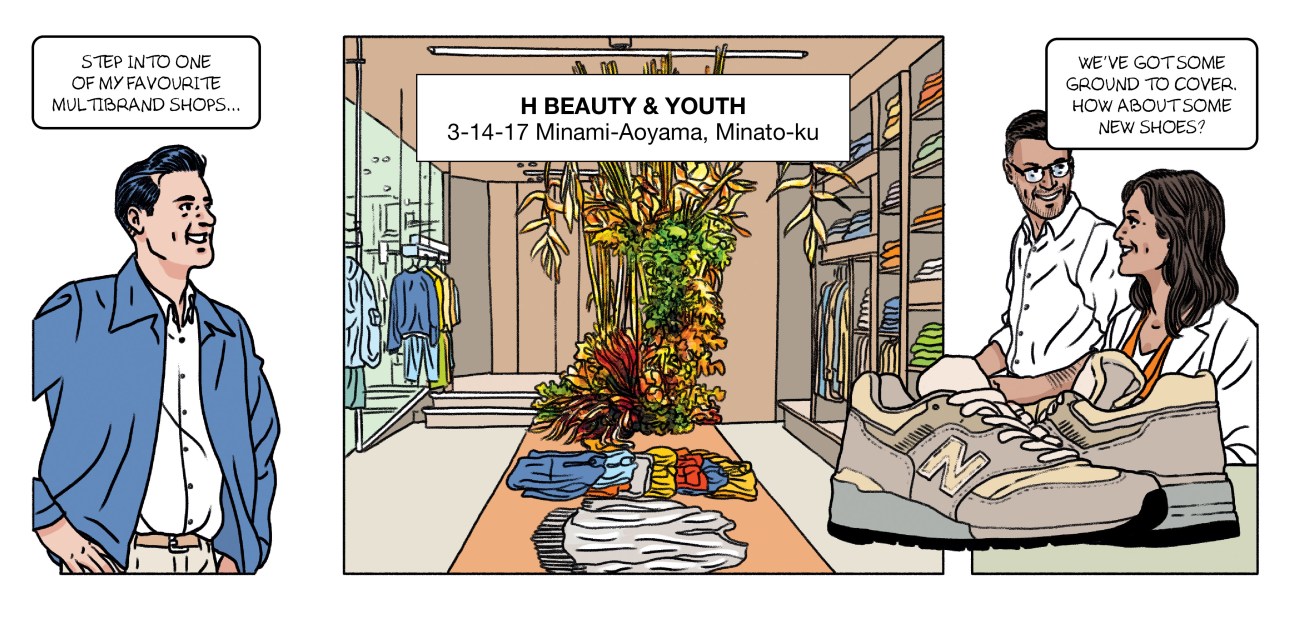 A comic book illustration of people visiting the H Beauty & Youth store in Tokyo.