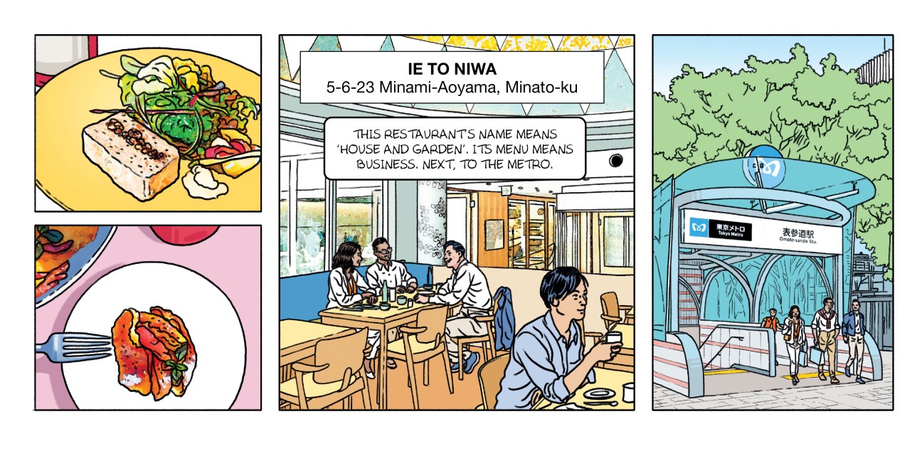 A comic book strip of a visit to Ie To Niwa.