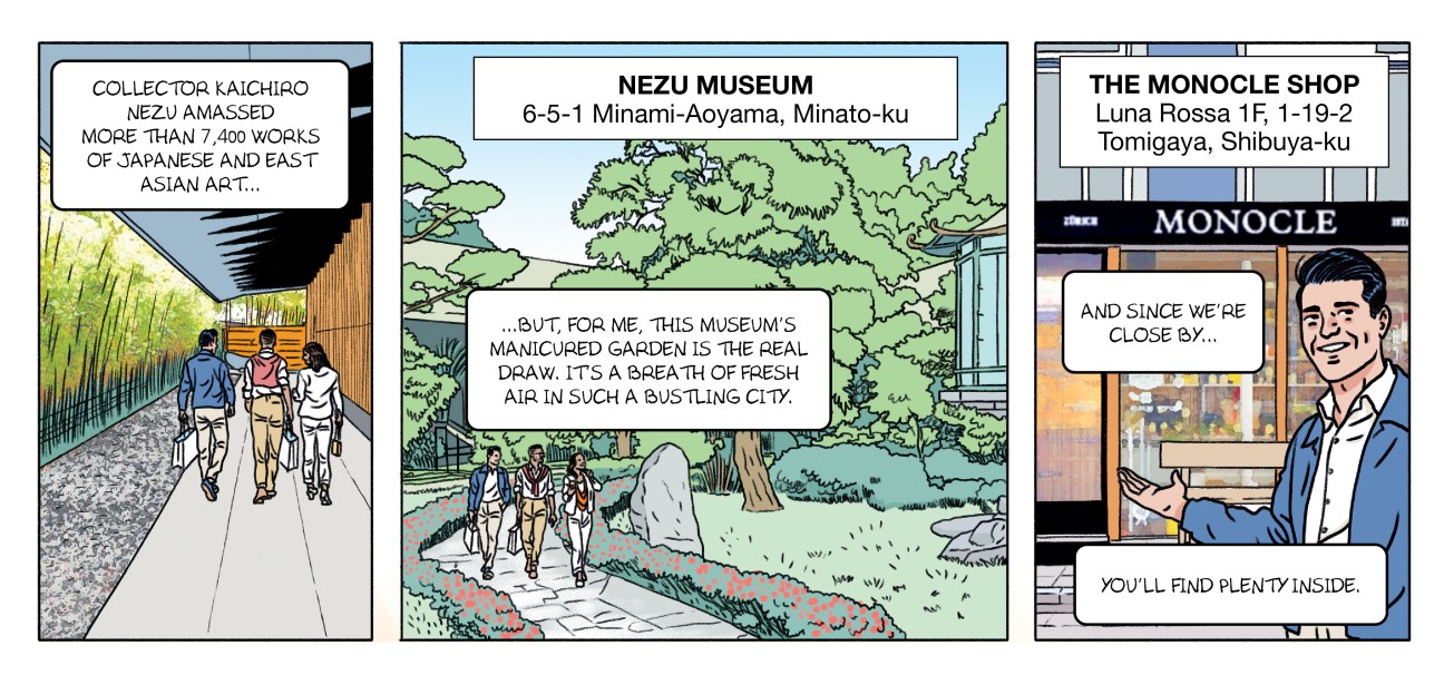 A comic book strip of a visit to Nezu Museum.